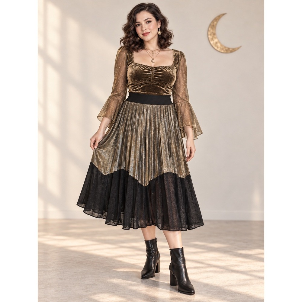 Whimsigoth Fairygrunge Boho Metallic Gold Black Pleats Colorblock XL Midi Skirt